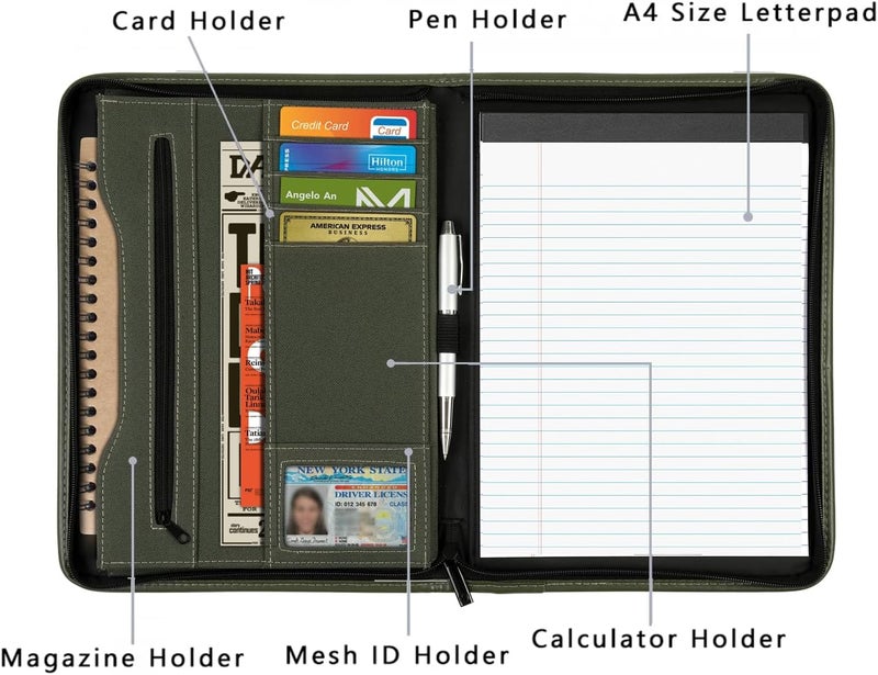 Gorbado Zippered Portfolio Organizer/ A4 Refillable Lined Writing Notepad Folder Case/Fabric-Covered Padfolio Binder with Interior Storage Pocket for Men Women.Dark Olive - Image 3